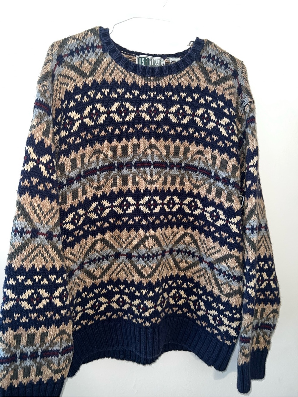 Classic Navy, Tan, Cream and Gray Fair Isle Crewneck Sweater